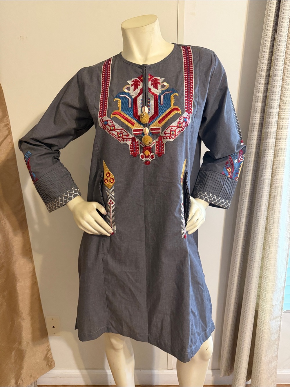 Gray Embroidered Long Sleeve Tunic Dress with Multicolor Accents